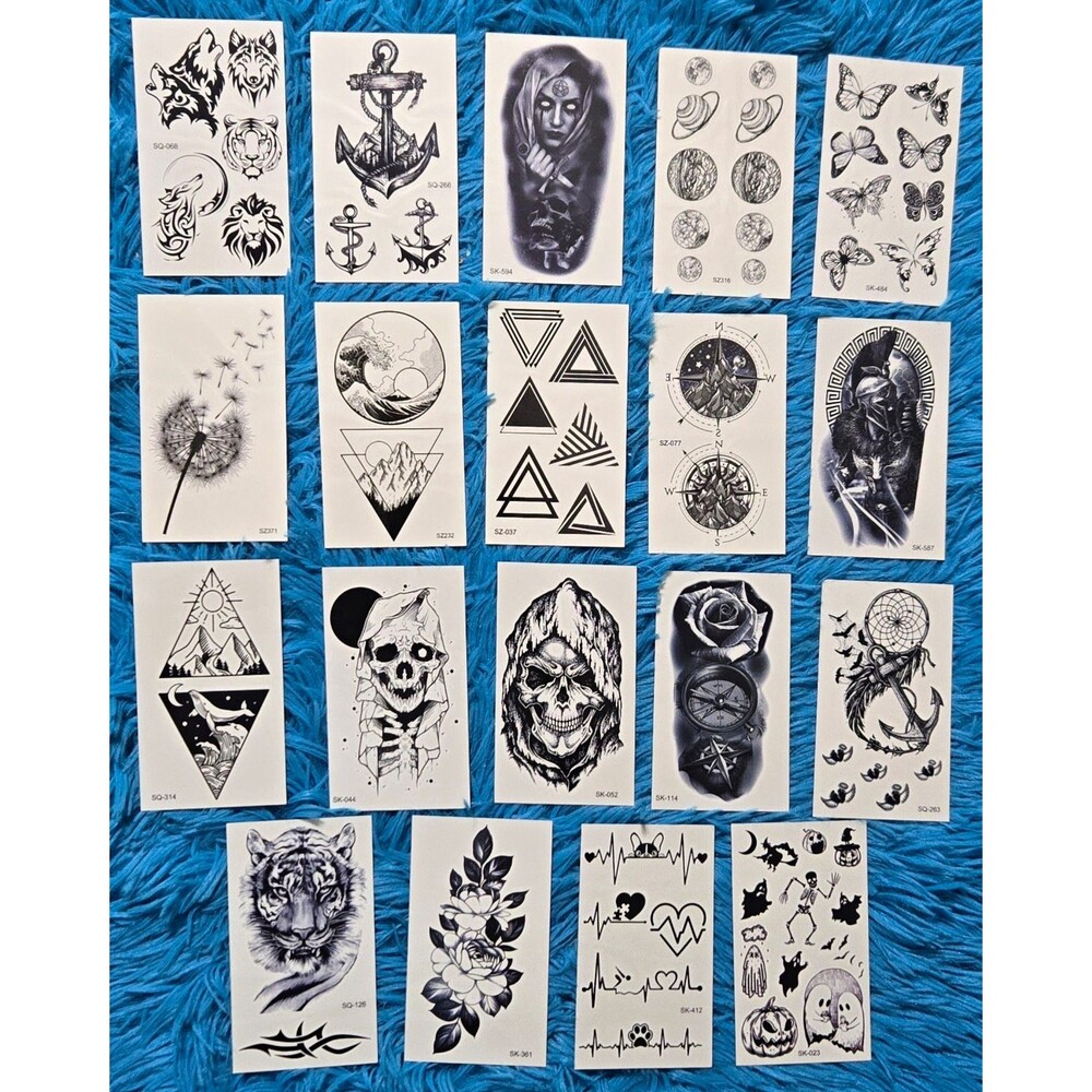19ct Black & White Medium Temporary Tattoo Set - Animals Floral Skulls Nautical